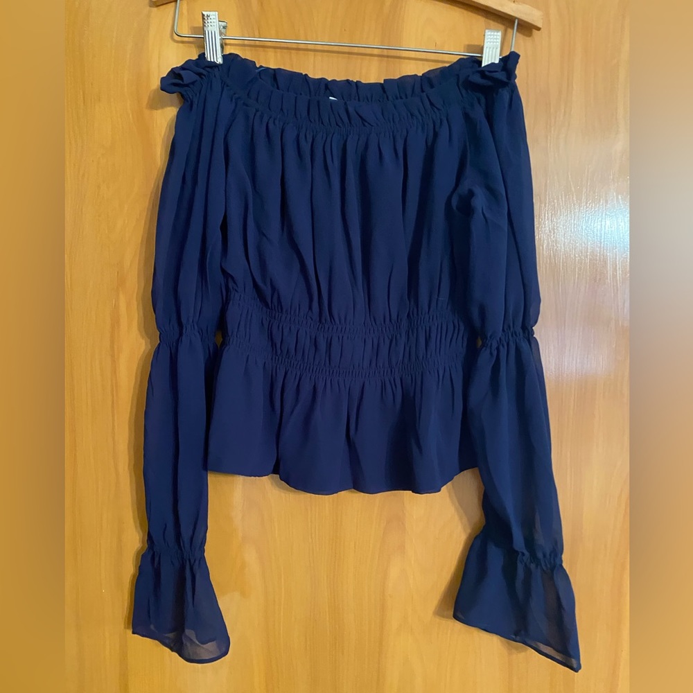WAYF navy blue off the shoulder sheer blouse